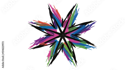 Abstract starburst with colorful brush strokes radiating from a central black star shape design element