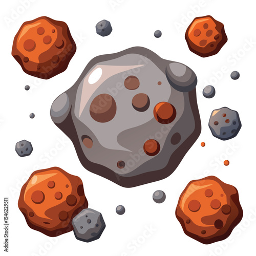 Cartoon Asteroid Field with Brown and Gray Space Rocks Floating Against a White Background