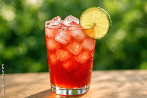 Glass of red cocktail with ice and lime slices.