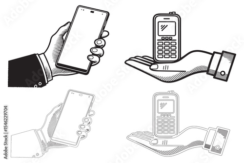 Mobile Phone Bold Line Icon with Hand holding smartphone