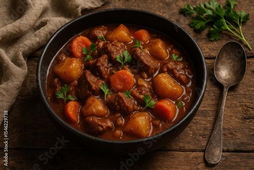 A bowl of stew with potatoes and carrots.