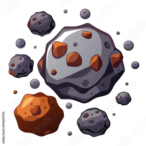 Cartoon Asteroids Floating in Space, Isolated Cosmic Debris on White Background Illustration
