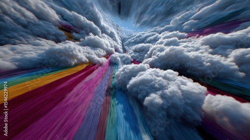 A surreal flythrough view shows fluffy clouds parting above vibrant, multicolored landscape streaks below