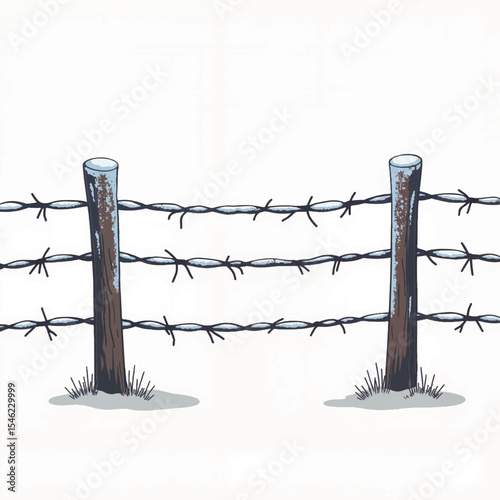 Frost-covered barbed wire fence illustration on white background, winter symbolism