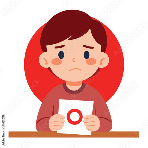 Cartoon Boy Holding Paper With Red Circle Illustration, Sad Expression, Indoors