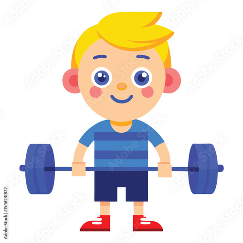 Cartoon Boy Lifting Barbell Weight, Blonde Hair, Blue Outfit, and Red Shoes