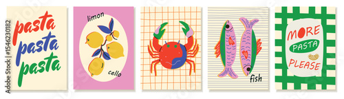 Summer Mediterranean food poster set with lemons, seafood, pasta and cocktails. Trendy vector collection with fresh dishes, hand lettering and coastal vibes. For ads, branding, menu, packaging and sum