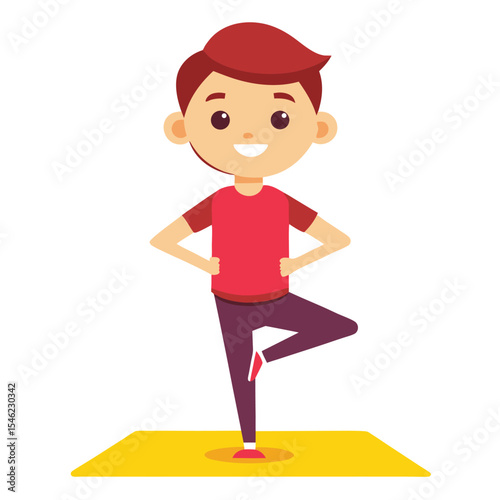 Cartoon Boy Practicing Tree Yoga Pose on Yellow Mat Illustration