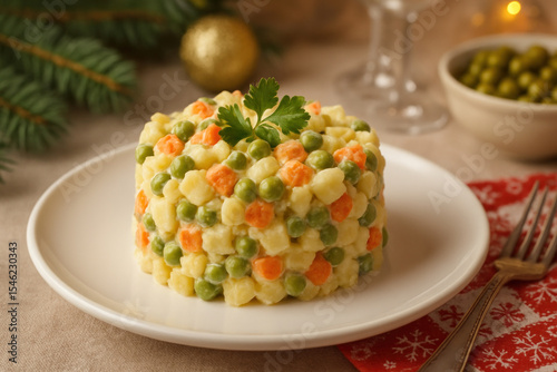 Plate of potato salad with peas and carrots.