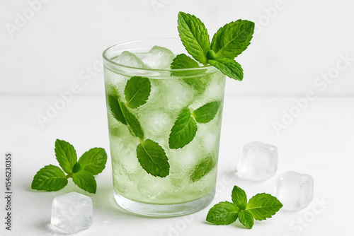 Glass of mint water with ice and mint.