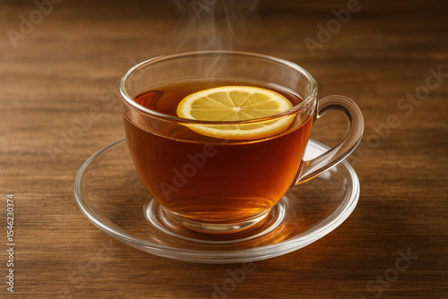 Cup of tea with lemon slice on top.