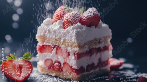 A slice of strawberry shortcake is topped with whipped cream and fresh strawberries
