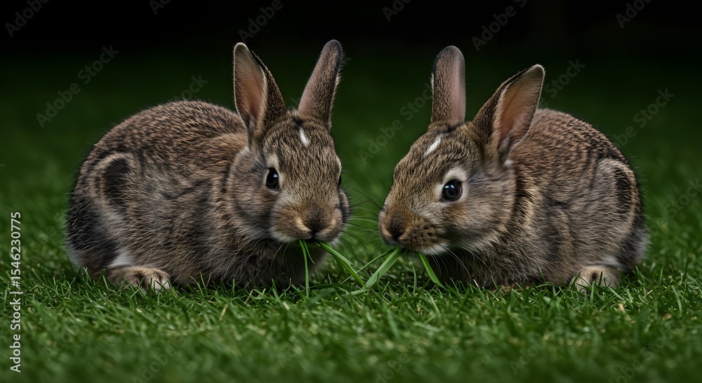 Fototapeta premium Rabbit, Rabbits, Bunny, Two Baby Rabbits Sharing a Blade of Grass