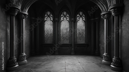 A dramatic Gothic interior featuring tall arched stained-glass windows, ornate stone columns