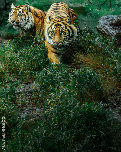 Two Tigers Walking Through Tall Grass