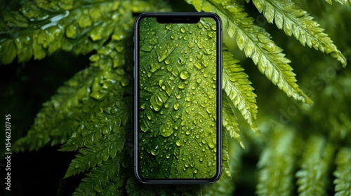 A smartphone with a vibrant green leaf wallpaper covered in raindrops is placed against matching real fern leaves
