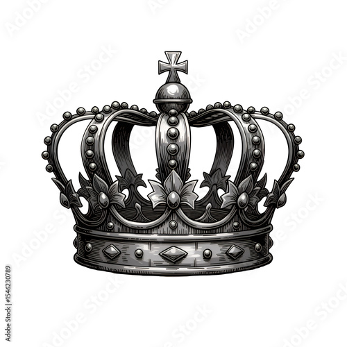 Silver Crown, Engraved Style, on Transparent Background, Design Element