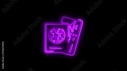 Neon purple animated passport and plane ticket icon against a black background