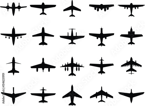 Airplane Silhouette Collection: Diverse Aircraft Designs in Black and White for Graphic Design Projects