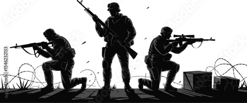 Silhouette of Soldiers in Tactical Stance: Armed Military Personnel with Rifles and Barbed Wire for Combat Illustration