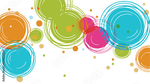 Colorful circles and dots in various sizes and colors scattered across a white background design space
