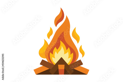 Cartoon Illustration of Burning Campfire with Logs and Flames on White Background