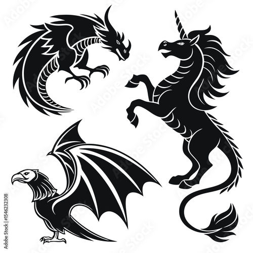 Black Dragon Unicorn Eagle Stylized Creatures Vector Art