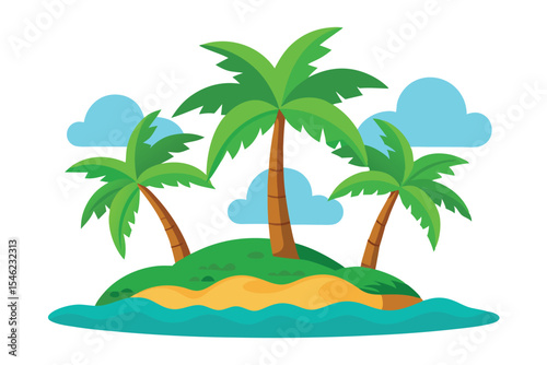 Cartoon Island with Palm Trees, Blue Sea, Sky and Clouds Illustration