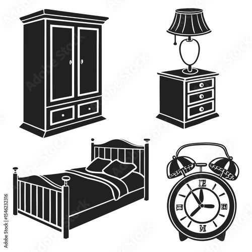Black Silhouette Bedroom Furniture Set Armoire Bedside Table Alarm Clock