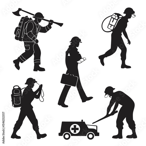 Black Silhouettes Emergency Personnel Ambulance Axe Backpack