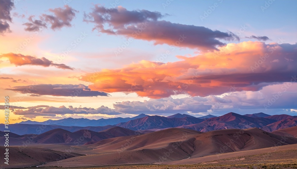 Naklejka premium Delicate pastel clouds stretch across a gradient sky, shifting from orange glow to soft midnight tones over smooth terrain. 