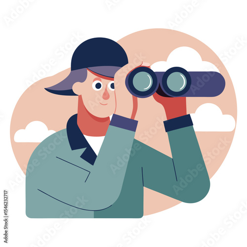 Cartoon Man with Binoculars Searching Against a Sky with Clouds Illustration