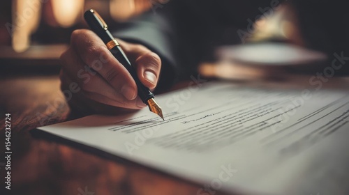 A hand writing on a document with a fountain pen