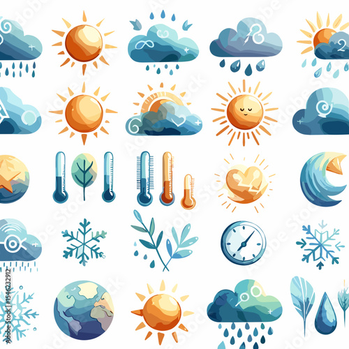 Colorful weather icons and symbols in a playful illustration style