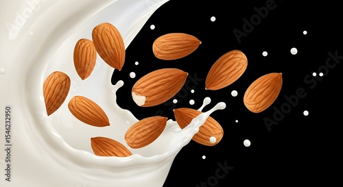 Almonds, Almond milk, Milk splash, Almonds Splashing in Milk