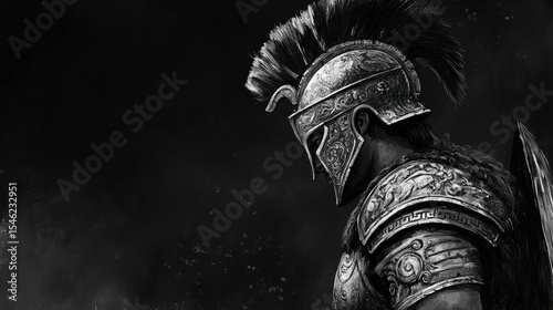 Ornate ancient warrior, helmet plume, somber mood.