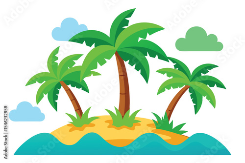 Cartoon Palm Trees on Island with Blue Water and Clouds Illustration