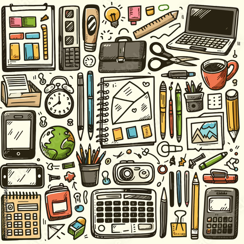 Doodle-style office and study supplies on a creative workspace background
