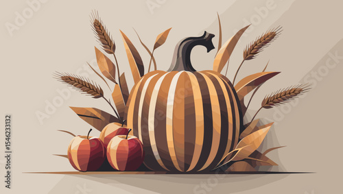 Stylized pumpkin and apples surrounded by autumn leaves and wheat