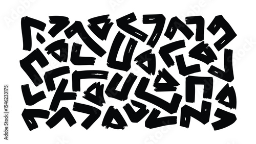 Collection of black brush stroke shapes resembling angular forms scattered on a white background art piece
