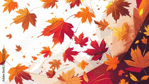 Colorful autumn leaves falling against a bright background