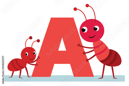 Cartoon Red Ants with Letter A Graphic, Alphabet Learning Illustration for Kids