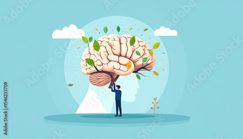 Man holding brain with growing leaves symbolizing mental growth and strength