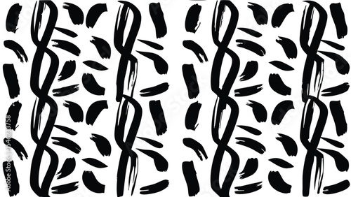 Black brush strokes and wavy lines create a pattern on a white background that repeats across the frame