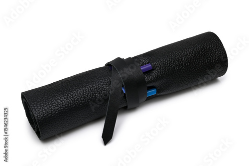 Leather pencil case with colored pencils