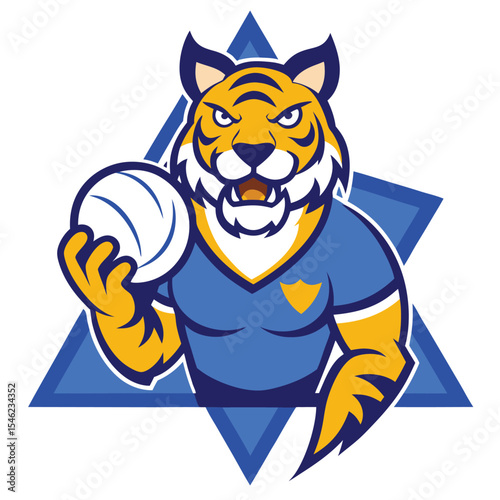Cartoon Tiger Mascot with Volleyball, Sporty Blue Jersey Against Geometric Background, Cartoonish Style