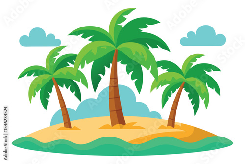 Cartoon Tropical Island Palm Trees, Sandy Beach, and Fluffy Clouds