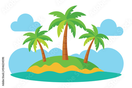 Cartoon Tropical Island with Palm Trees, Sandy Beach and Turquoise Water Illustration