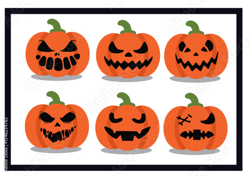 Set of Jack-o'-Lantern Faces with Scary and Funny Expressions – Halloween Pumpkin Vector , Clipart