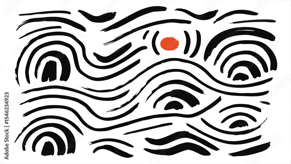 Fototapeta premium Abstract illustration of black brush strokes with a single orange circle in the center design art work